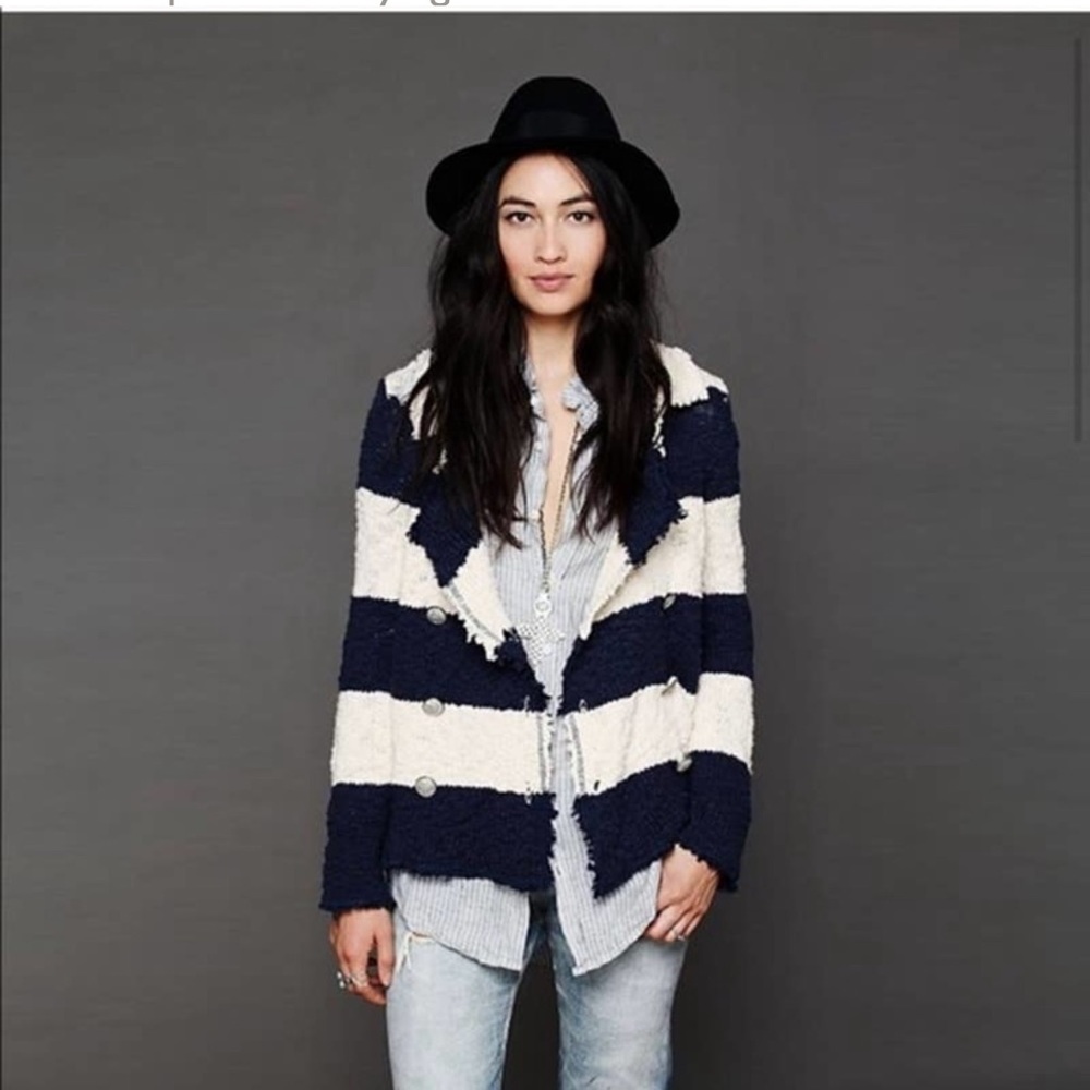 FREE PEOPLE Coat of Arms Jacket Cardigan Sweater Nautical Navy Ivory Coatigan